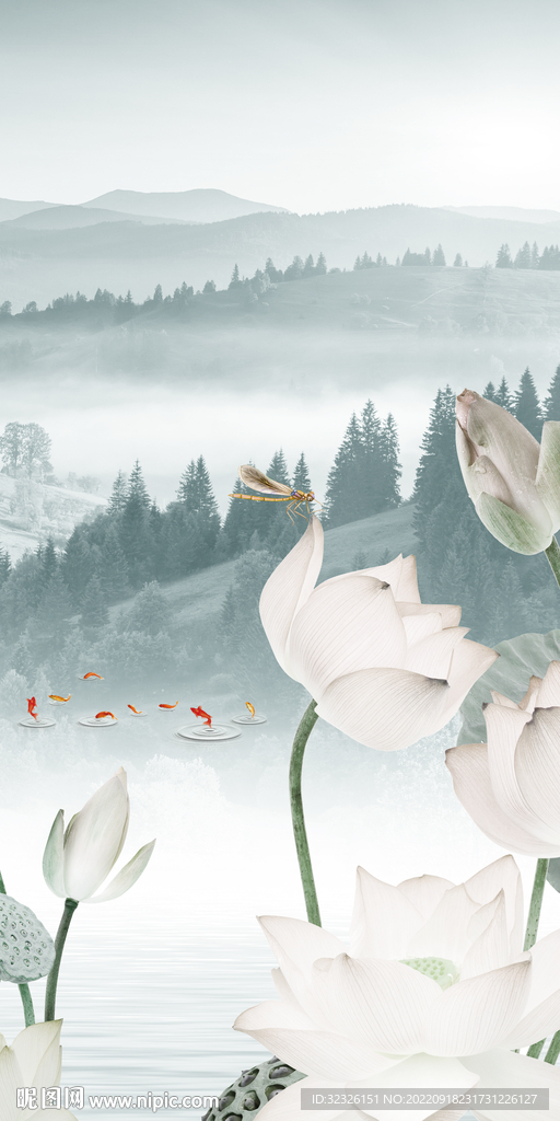 荷花简约中式玄关 tif分层