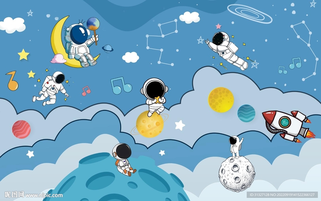 卡通太空儿童房背景墙
