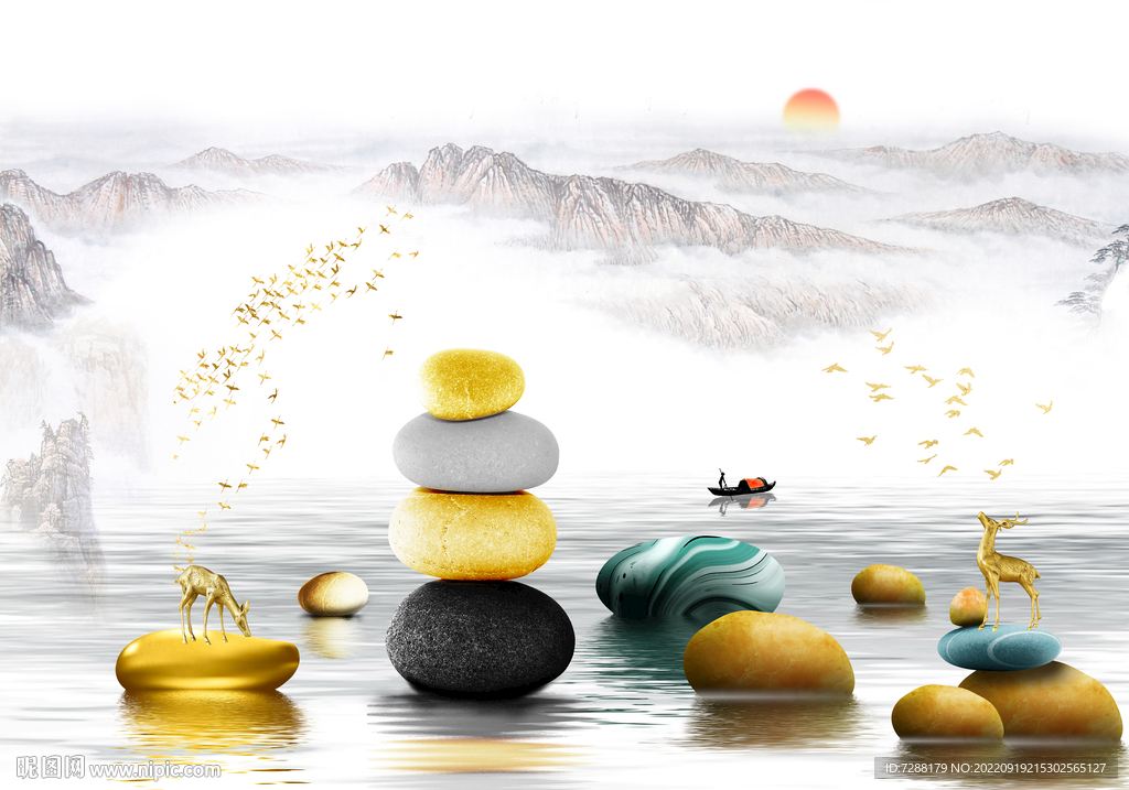 石头电视背景墙山水画