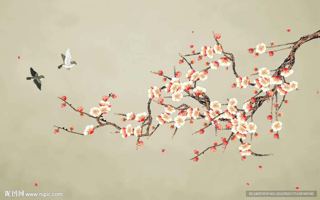新中式花鸟工笔梅花背景墙装饰画