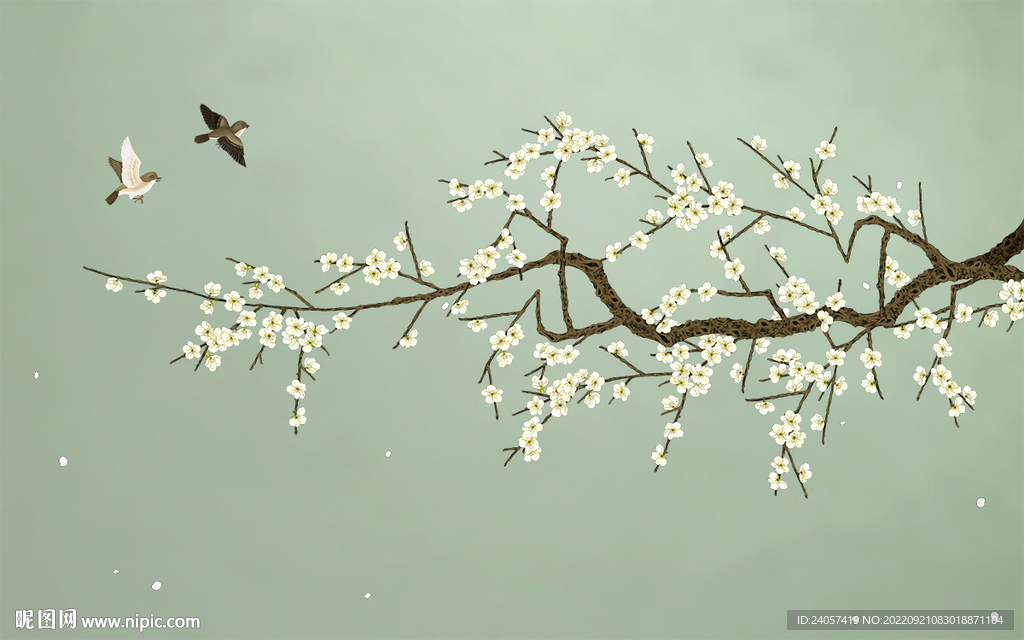 新中式梨花工笔花鸟背景墙装饰画