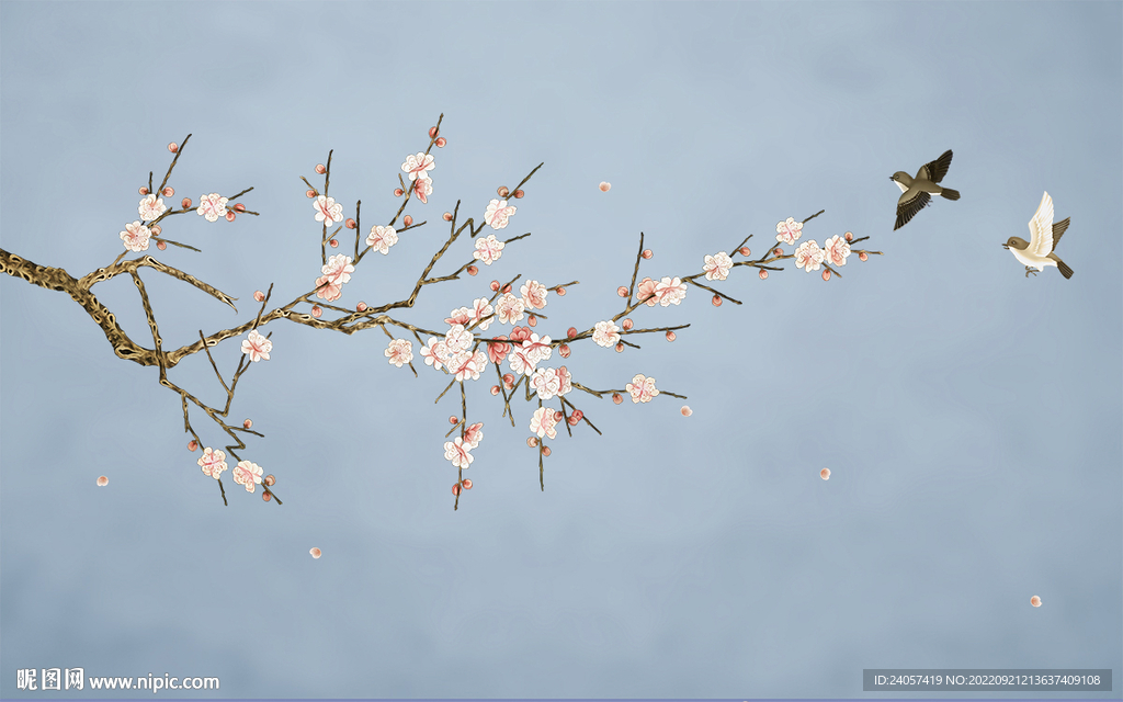 工笔花鸟梅花水背景墙