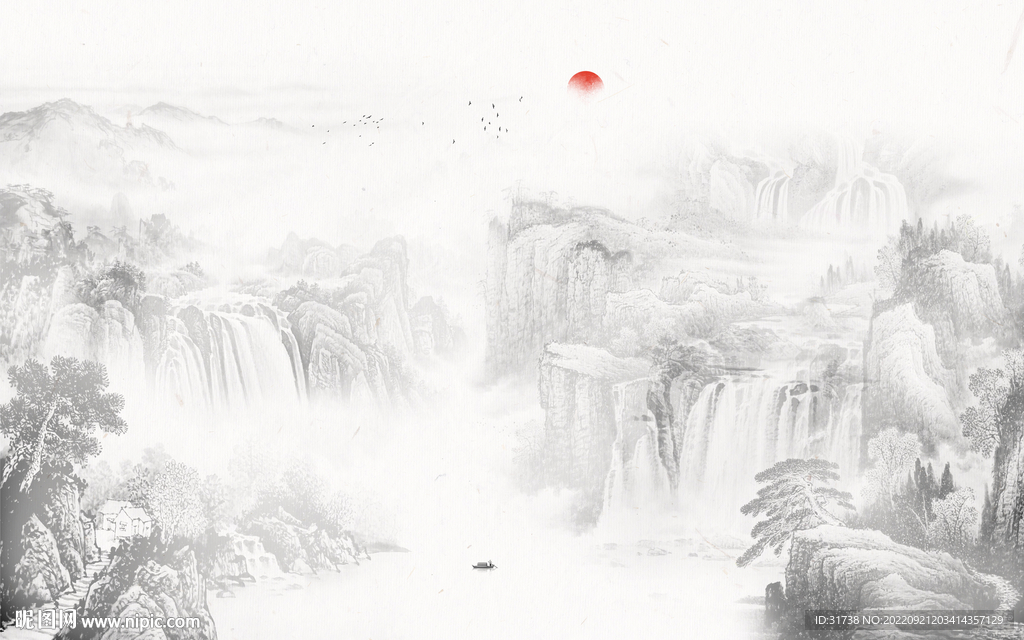 新中式水墨山水背景墙画