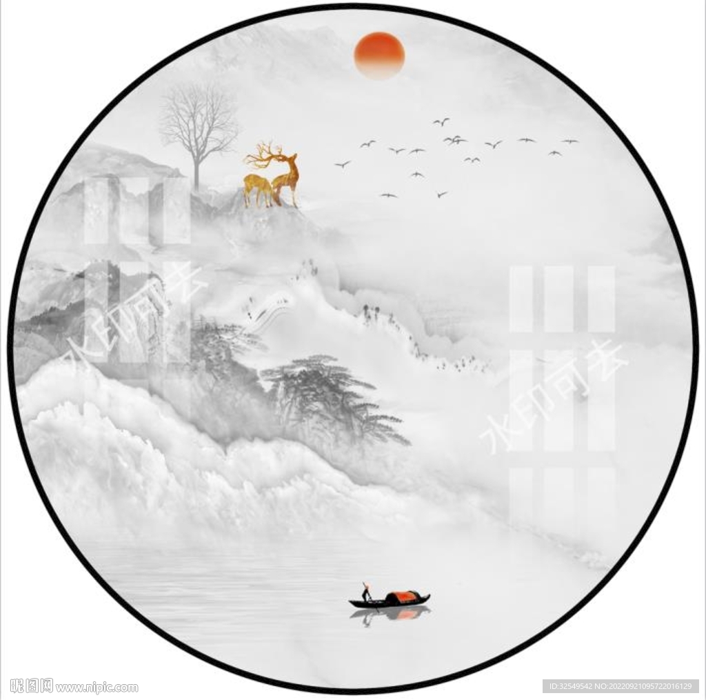 新中式水墨花鸟山水画