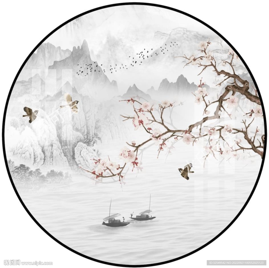 新中式水墨花鸟山水画