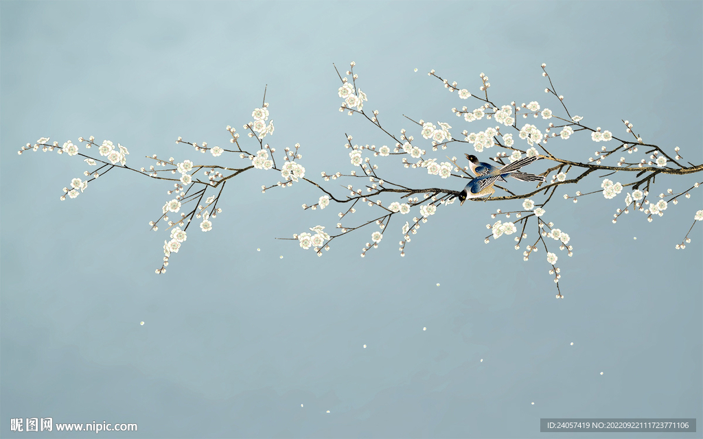 新中式工笔花鸟梅花背景墙