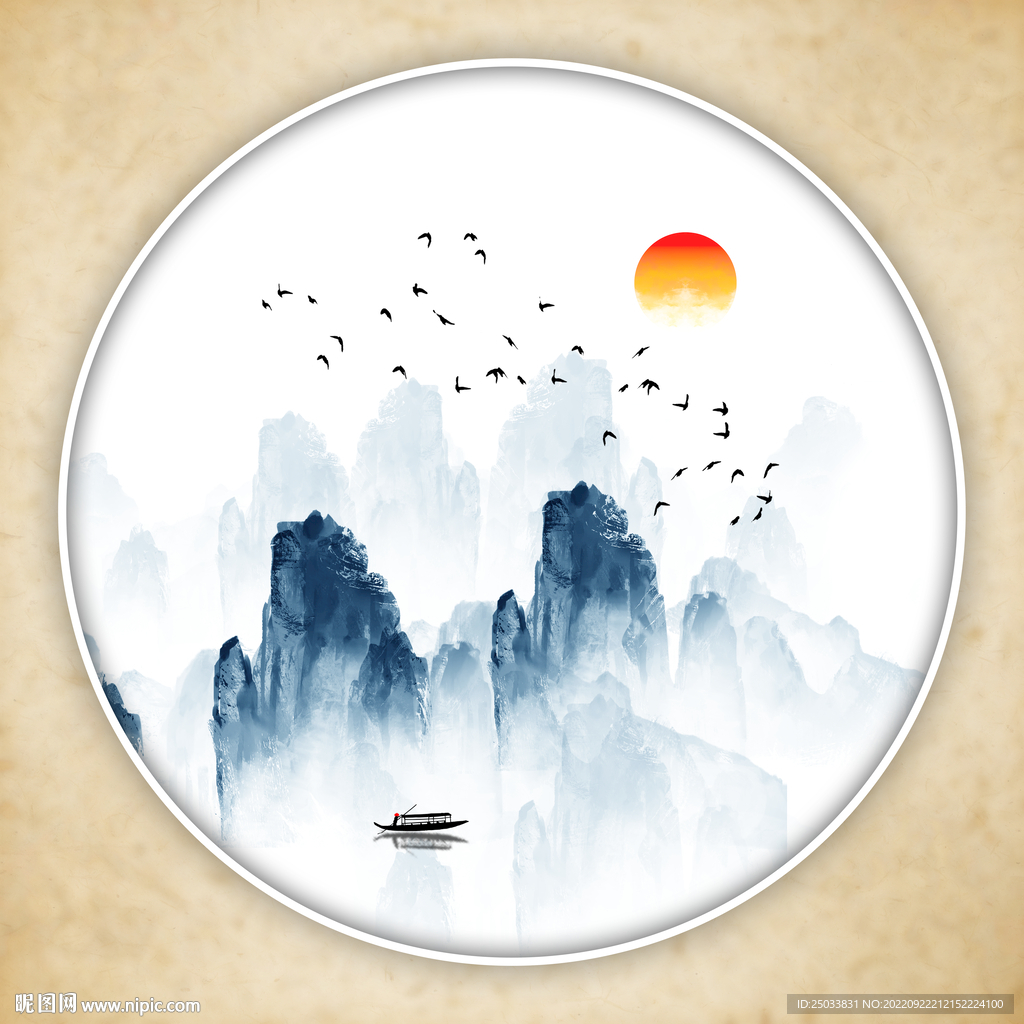 圆形山水画圆形水墨画圆形装饰画
