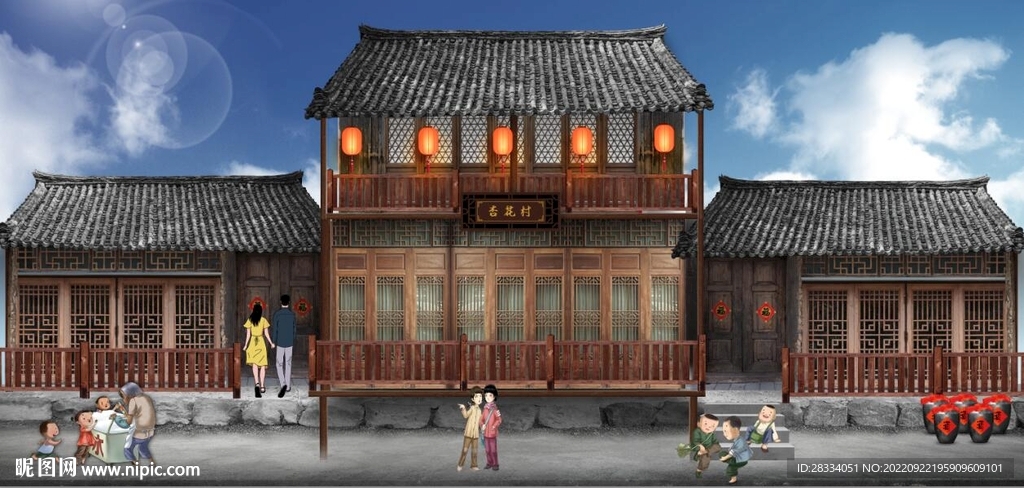 江南民居建筑餐饮背景墙
