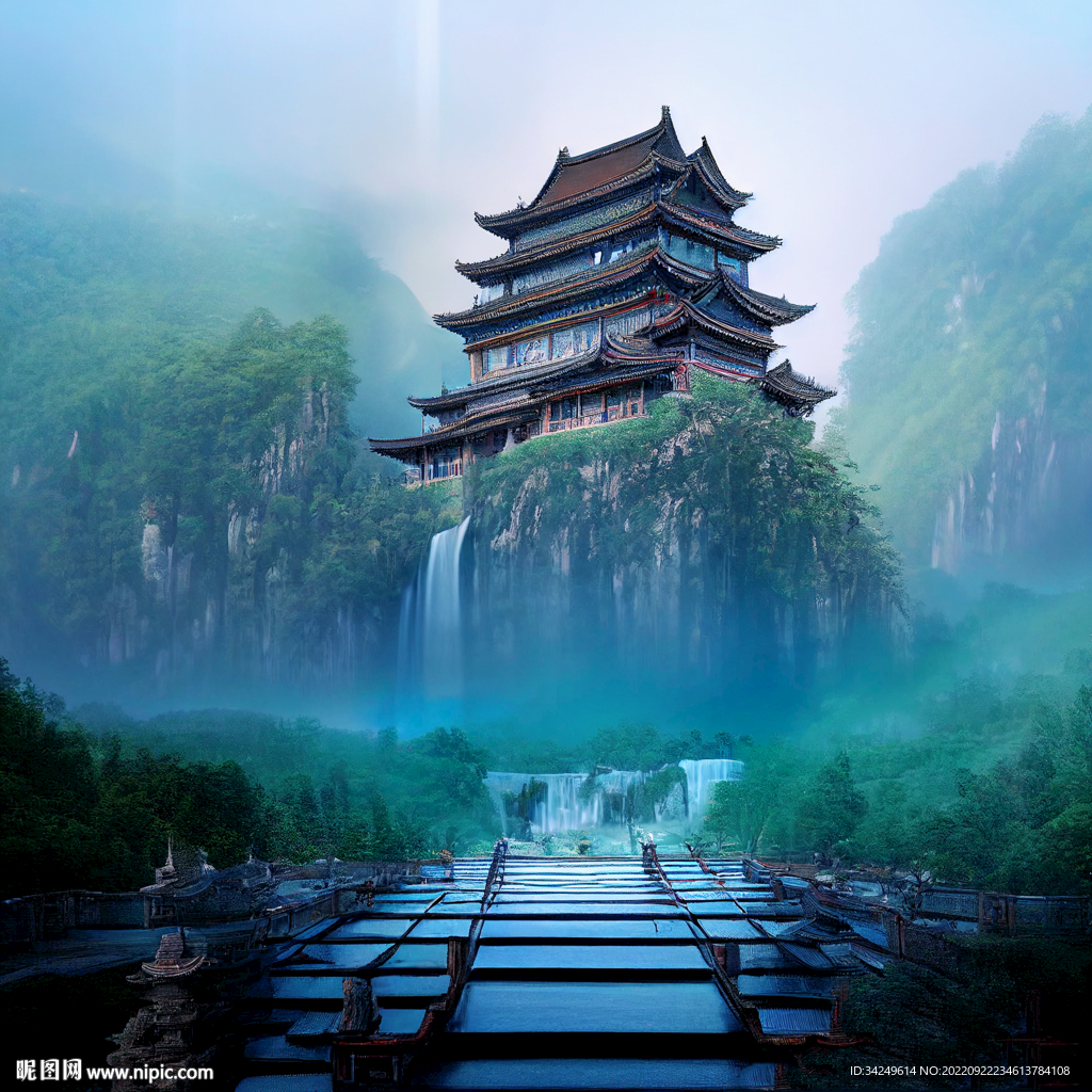 山水阁楼小瀑布