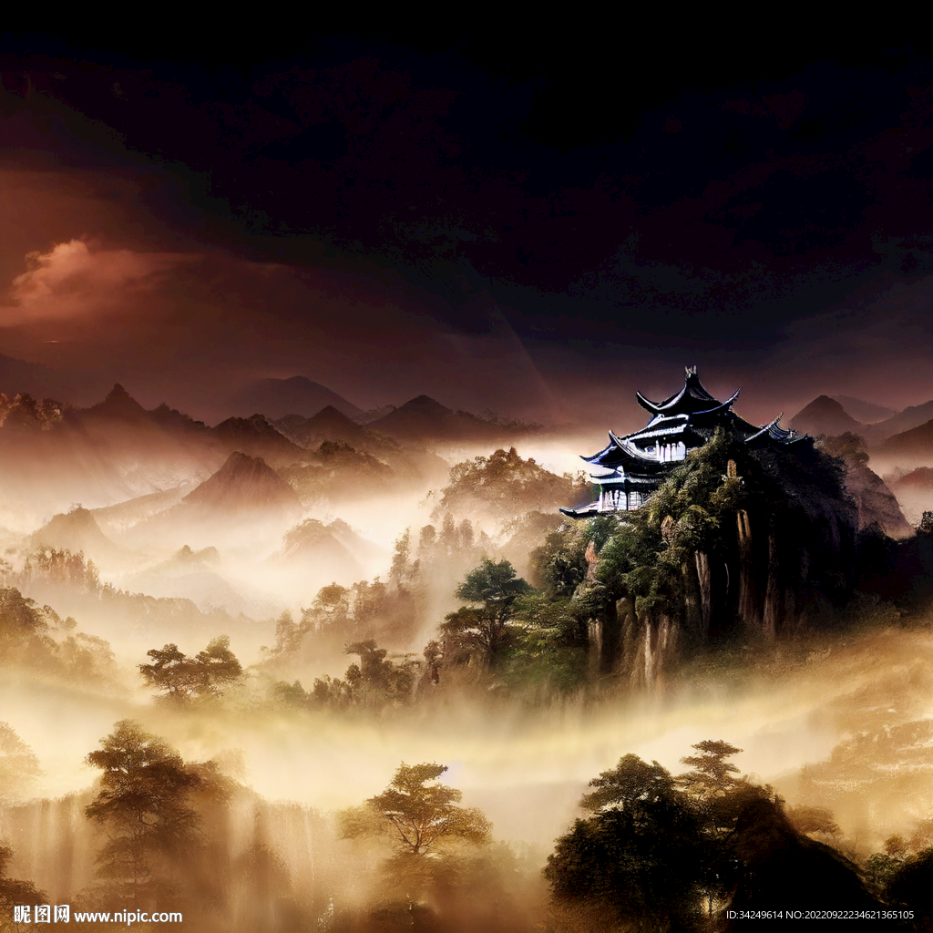 山水阁楼晚霞