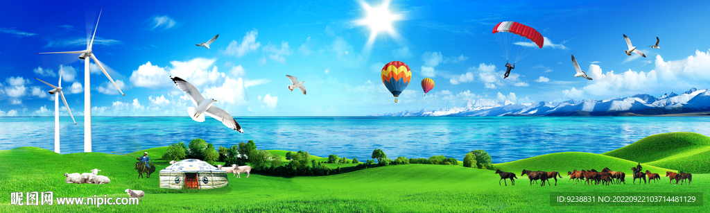 蓝天白云草原湖泊