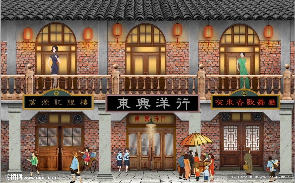 民国风建筑街景背景墙壁画