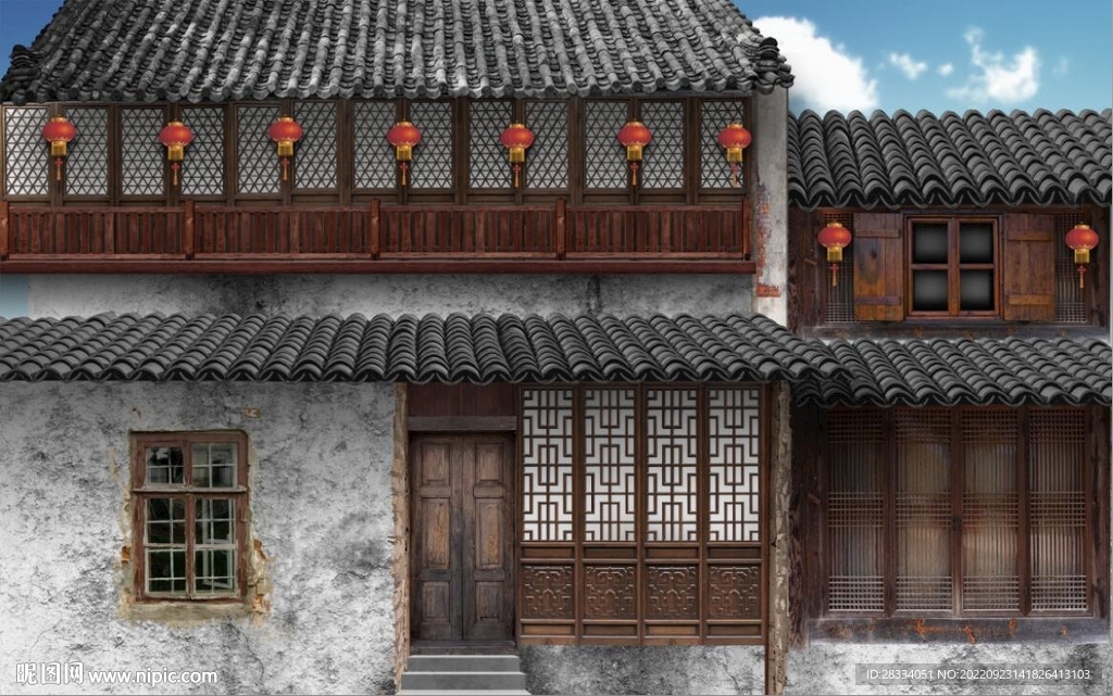 复古江南民居背景墙壁画