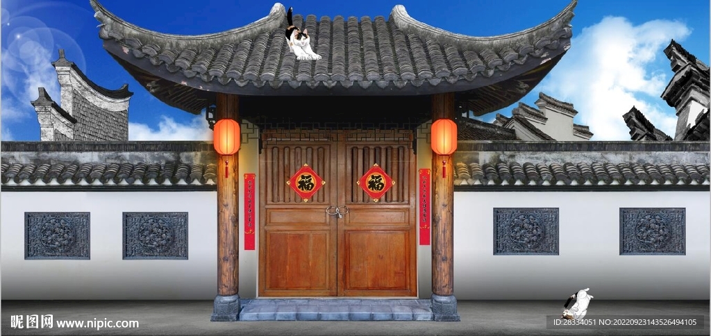 复古江南民居背景墙壁画