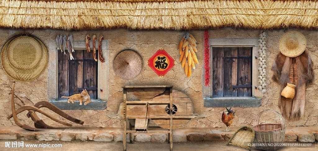 复古怀旧农家茅屋背景墙壁画