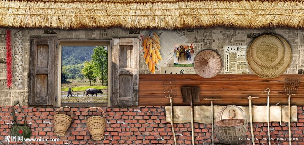 复古怀旧农家茅屋背景墙壁画