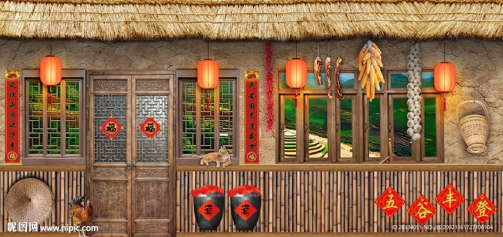 复古怀旧农家茅屋背景墙壁画