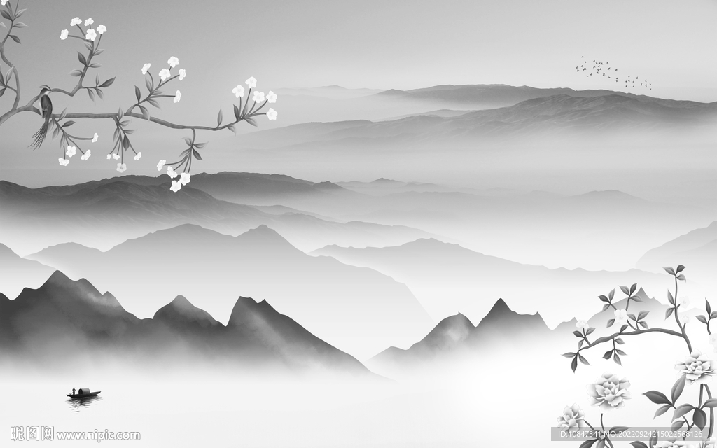 花鸟 灰色高清山水 TIf分层
