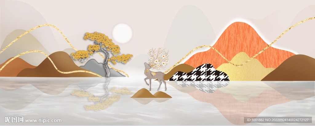 轻奢装饰画 山水画 麋鹿