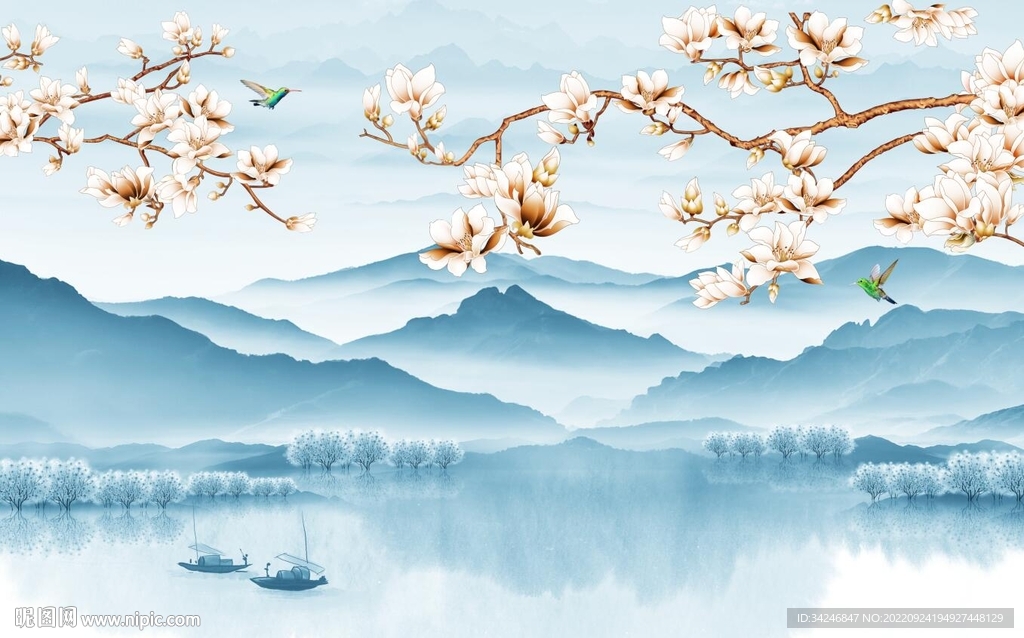 新中式山水花鸟背景