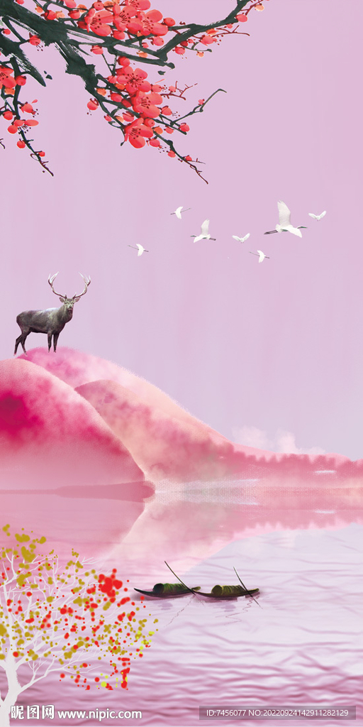 麋鹿梅花山水艺术玄关装饰画