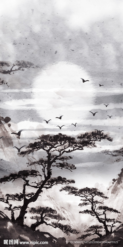 水墨风景画飞鸟明月玄关装饰画