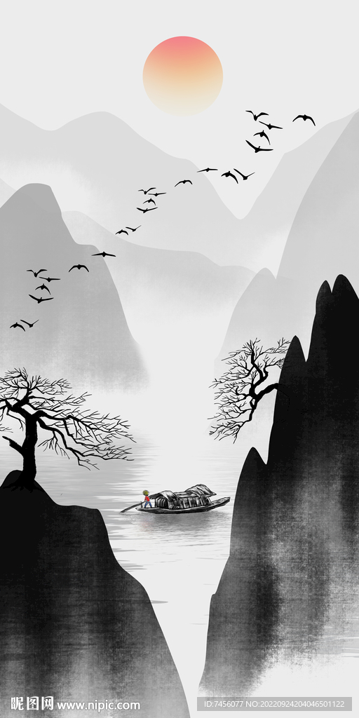 巍峨山脉山涧玄关风景画