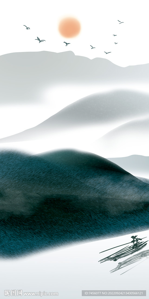 水墨湖泊山脉艺术玄关装饰画