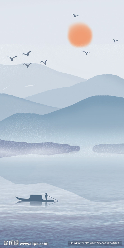 水墨中式山水湖泊玄关图