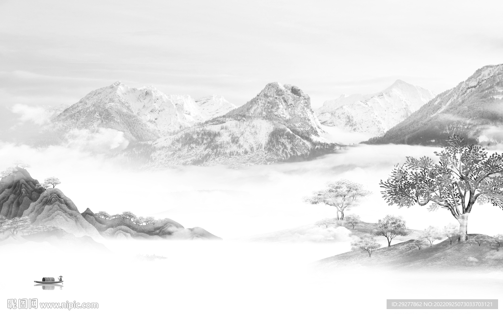 客厅灰色简约山水 Tif分层