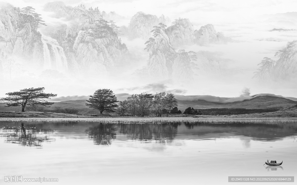 中国风高雅灰山水画 Tif分层