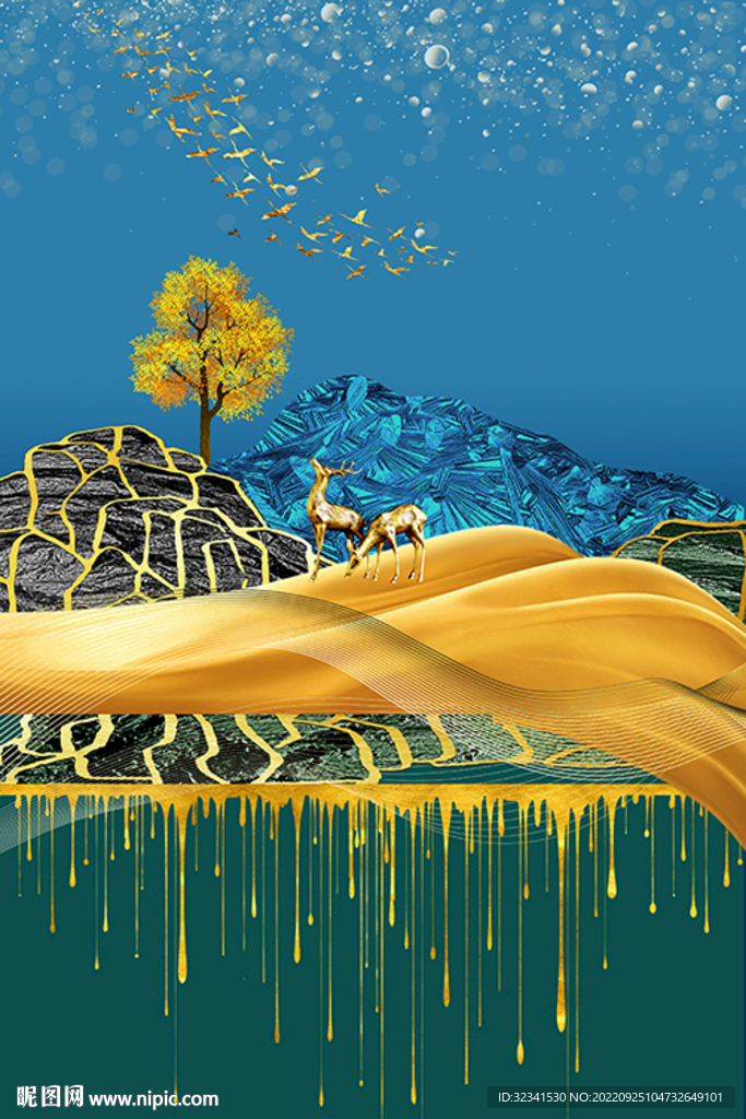 新中式山水石来运转麋鹿装饰画