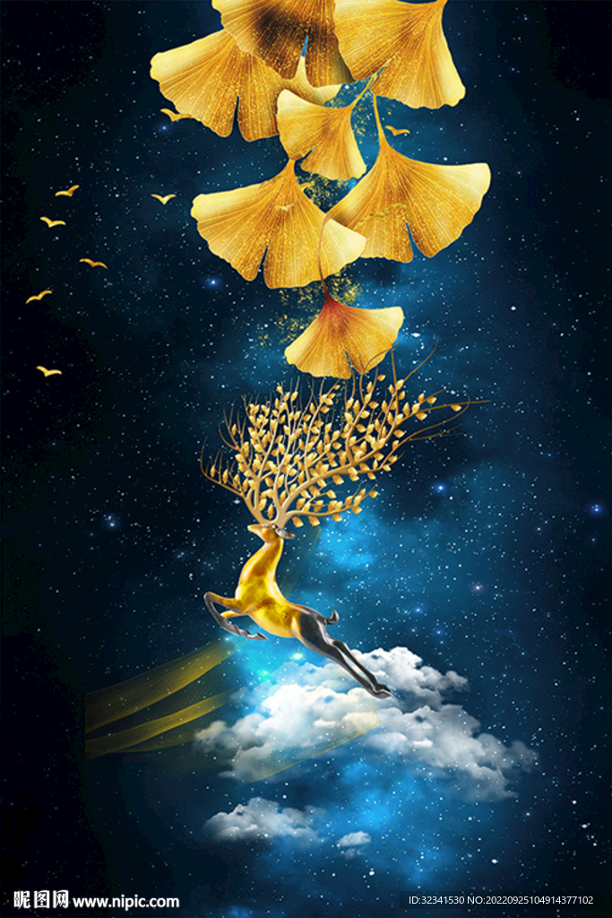 新中式山水石来运转麋鹿装饰画