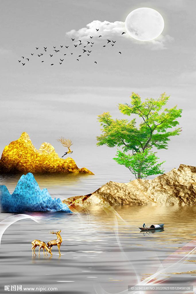 新中式山水石来运转麋鹿装饰画