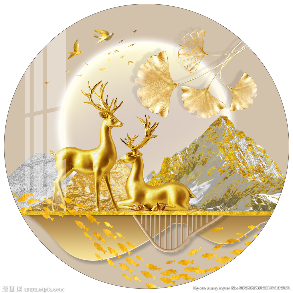 轻奢麋鹿金色银杏叶圆形装饰画