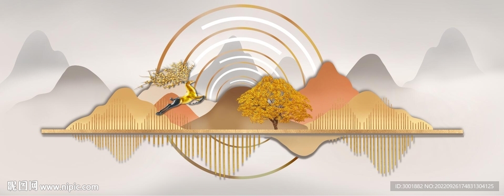 轻奢装饰画 新中式山水画 麋鹿