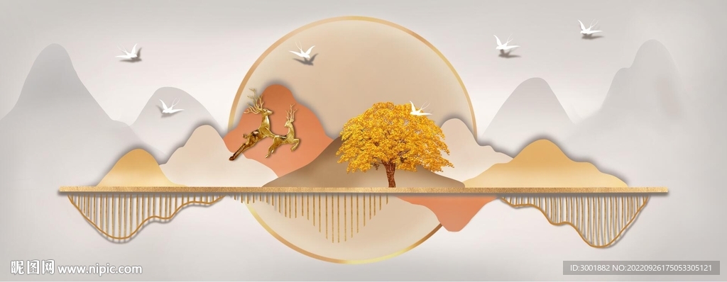 轻奢装饰画 新中式山水画 麋鹿