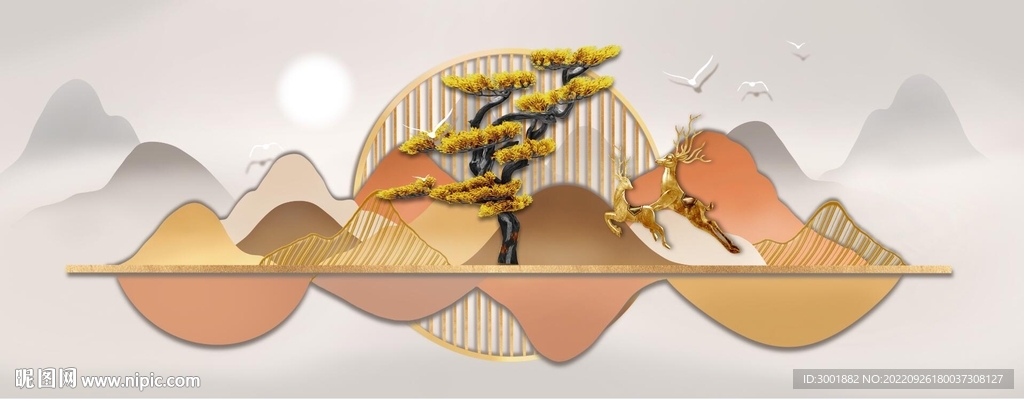 轻奢装饰画 新中式山水画 麋鹿