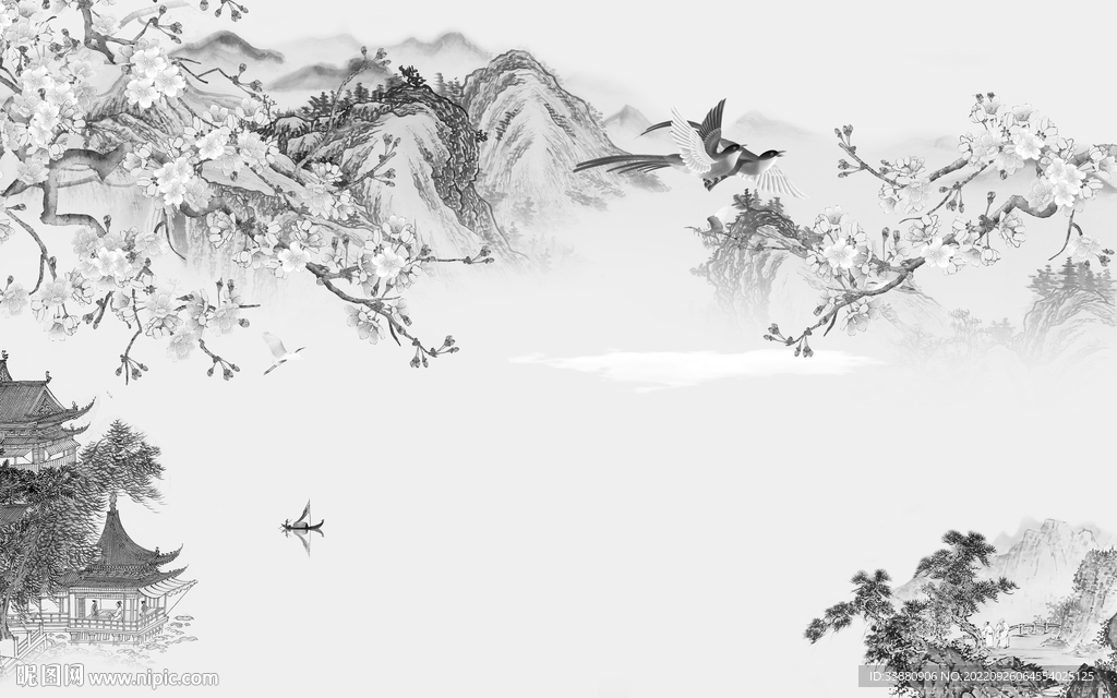 中国风大气灰山水画 tiF分层