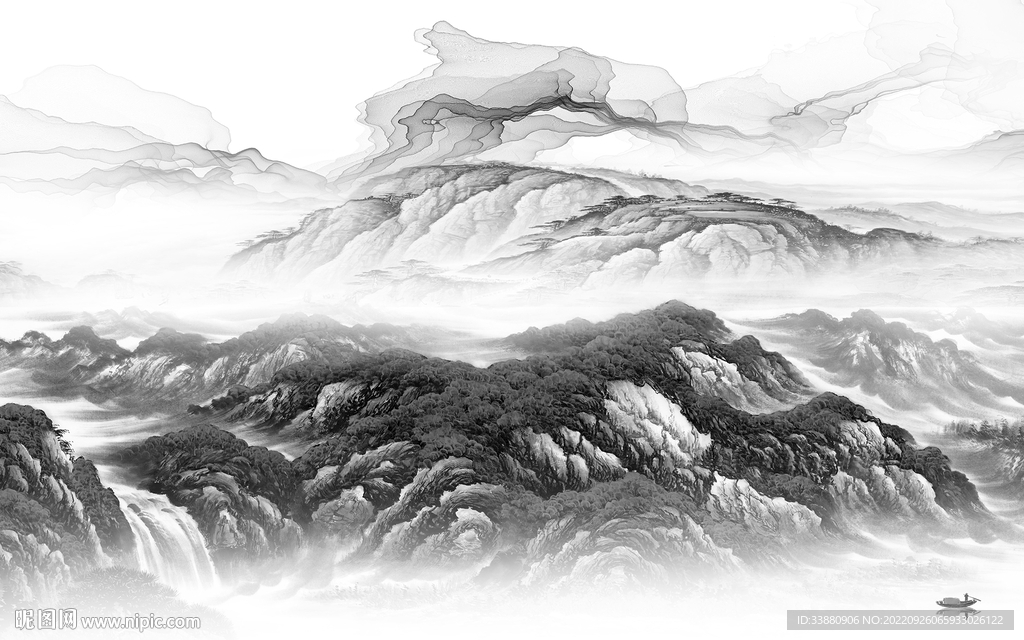 中式 大气灰山水画 tiF分层