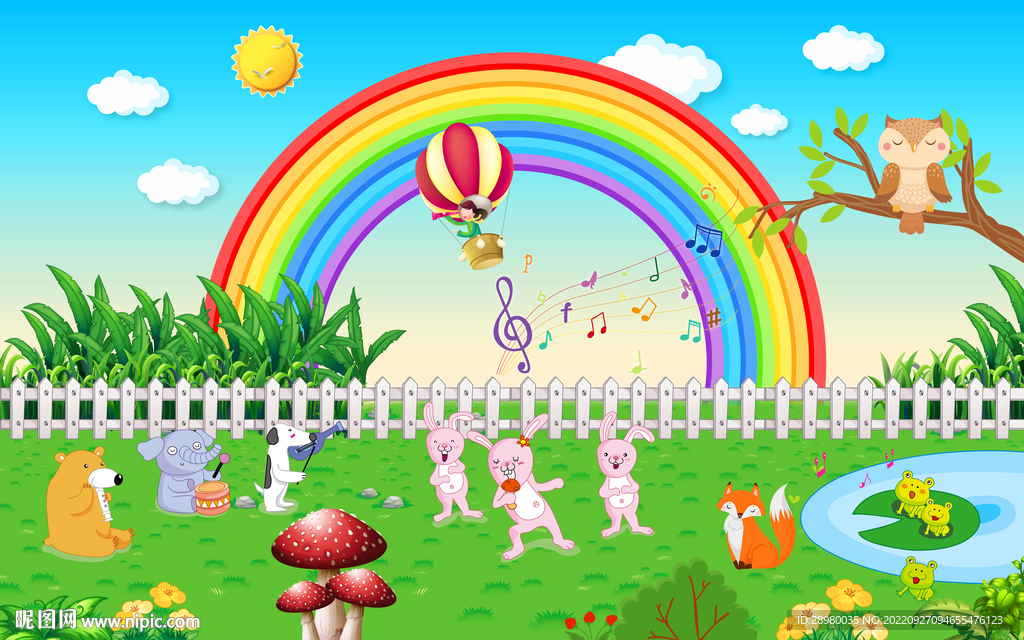 卡通动物儿童房背景墙