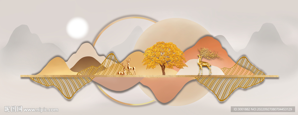 轻奢装饰画 新中式山水画 麋鹿