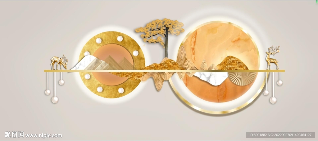 轻奢装饰画 新中式背景墙 麋鹿