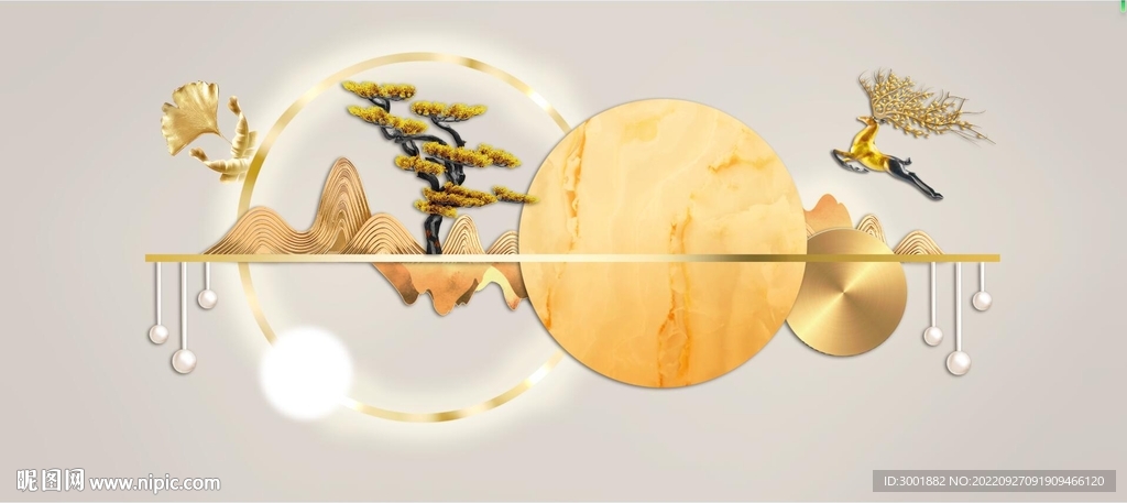 轻奢装饰画 新中式背景墙 麋鹿