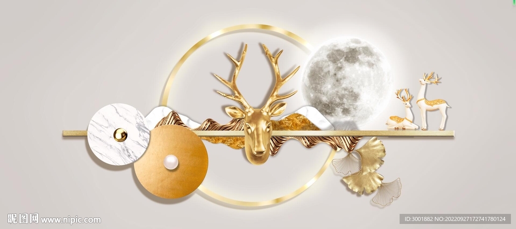 轻奢装饰画 新中式背景墙 麋鹿