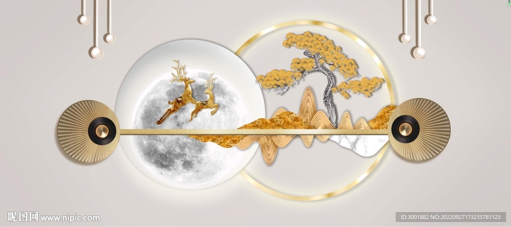 轻奢装饰画 新中式背景墙 麋鹿