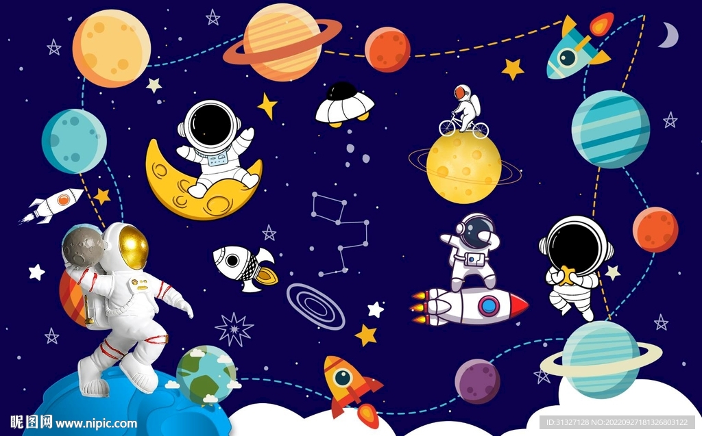 太空星空儿童房背景墙图片