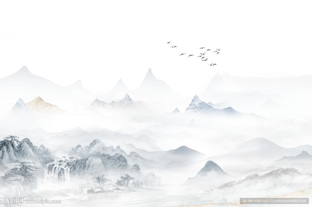 简约客厅山水新中式背景墙