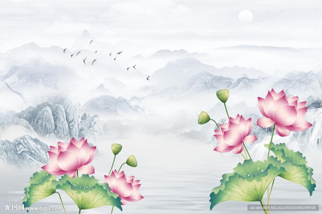 荷花莲花山水背景墙