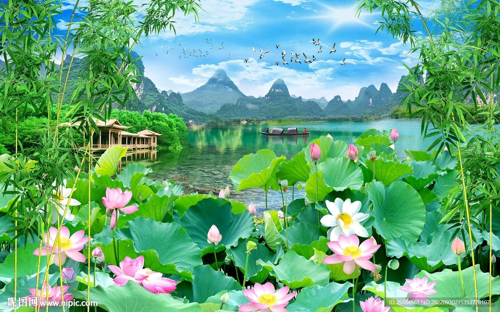 荷花流水生财背景墙